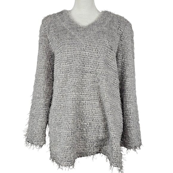 Artex Womens M Sweater Eyelash Fuzzy Soft Pullover Grey Silver Comfy Casual - Picture 1 of 16